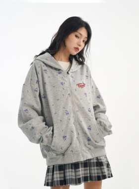 SRME爱心印花碎花花卉满印休闲宽松套头上衣拉链外套帽衫卫衣