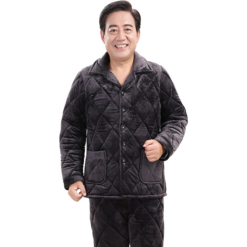 中老年人睡衣男冬珊瑚绒保暖老年三层加厚夹棉中年爸爸家居服套装
