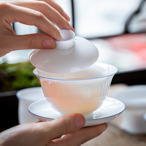 甜白瓷盖碗茶杯单个不烫手三才盖碗茶具套装陶瓷大号泡茶碗
