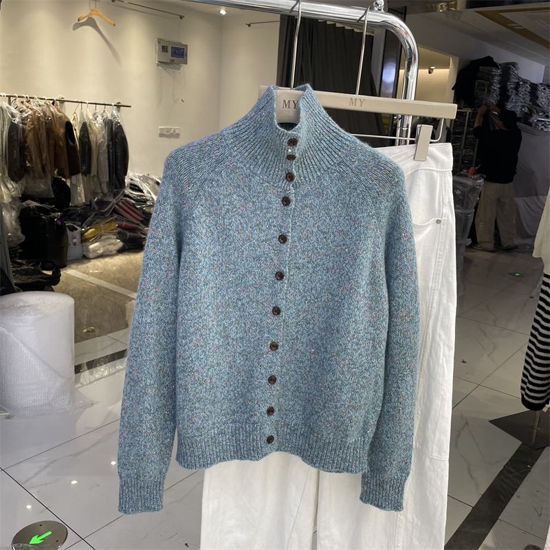 欧洲站53023绵羊毛高领单排扣百搭花纱针织衫毛衣开衫女秋冬上衣