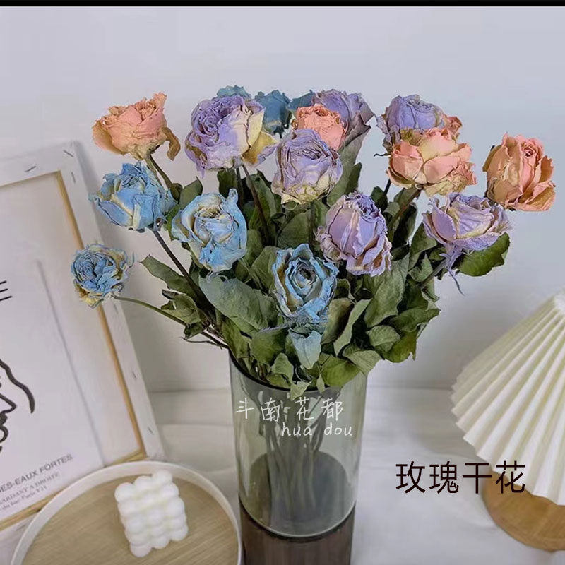 新品复古碎冰蓝玫瑰蔷薇花束 真干花 手工花材软装居家装饰图片