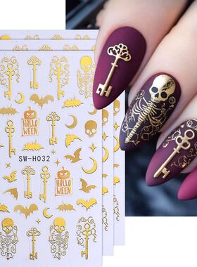 3pcs Halloween Nail Stickers Golden Skeleton Pumpkin Bat Key