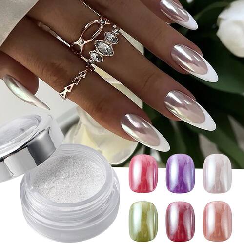 Pearl White Nails Glitter Dust Chrome Moonlight White Rubbin