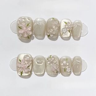 10Pcs Short Square Handmade Press On Nails Full Cover Flower