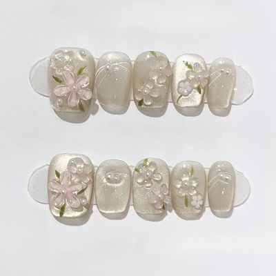 10Pcs Short Square Handmade Press On Nails Full Cover Flower