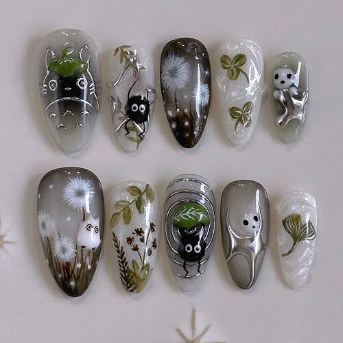24pcs Gradient Black False Nails Cute Cartoon Cat's Eye Fore