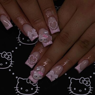 24 Medium Square Nail Pink French Cute Cartoon Cat White Lov