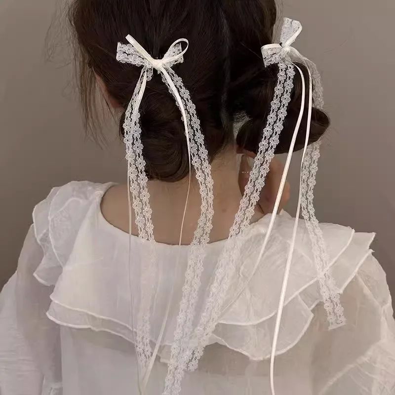2Pcs White Sweet Lace Long Bow Hair Clip Women Girls Ribbon
