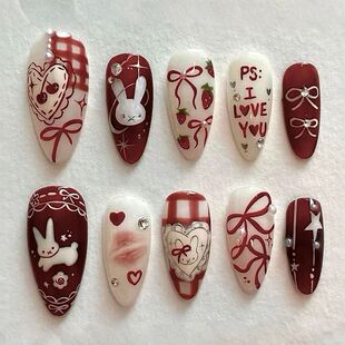 24PCS Wine Red Almond Press on Nails Cartoon Rabbit Bowknot