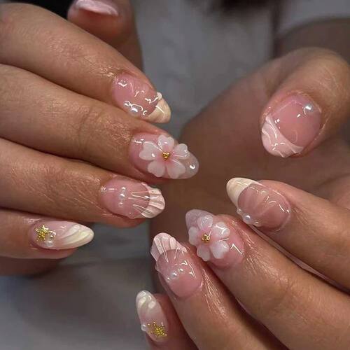 24pcs Short Oval 3D Gel Nail Stickers, Create Pearl Flower N