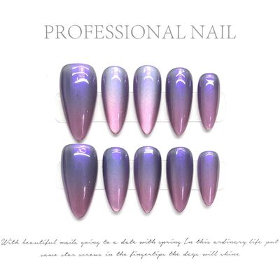 Handmade Press on Nails Purple Cat Eye Almond False NailsCat