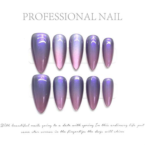 Handmade Press on Nails Purple Cat Eye Almond False NailsCat