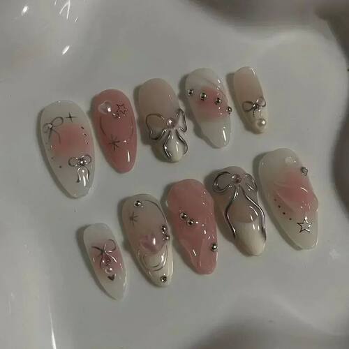 24Pcs White Almond False Nails Ballet with French Design Wea