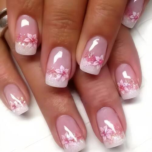 24Pcs Square Press-on Nails Set with Pink Flower Patterns Fu