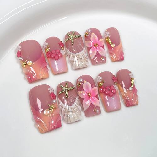 10pcs Dreamy Ocean Press on Nails 3D Flower Pearl Starfish N