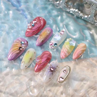 10pcs Handmade Press On Nails 3D Colorful Summer Sea Starfis