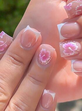 24Pcs White Pink Flower Acrylic Fake Nails Short Square Fren