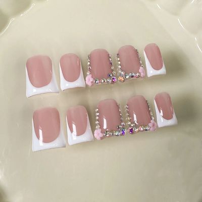 10pcs Pink Duckbill Handmade Press on Nails Art Simple White