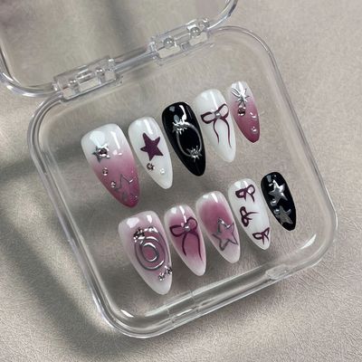 10Pcs Hand Drawn Almond Handmade Press on Nails Bowknot Fake