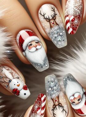 Medium long fake nails for Christmas party Cute snowman Sant