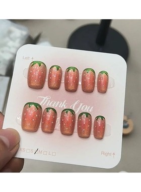 10pcs Cute Short Fake Nails Handmade Red pink Strawberry Des