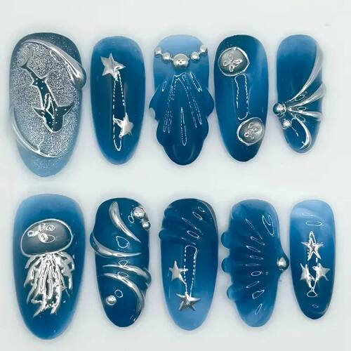 10pcs Handmade Fake Nail Art Ocean Seashell Design Blue Mid-