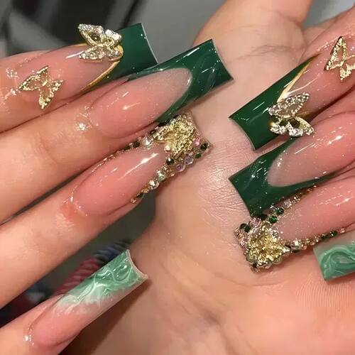 24Pcs Green French Fake Nails with Diamond Gold Butterfly Fa