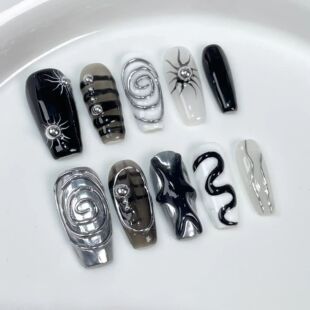 10pcs Sweet Cool Long Press On Nails Black Pink Grid False N