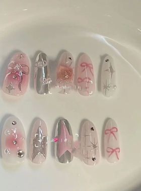 10Pcs Pink Handmade Press on Nails Full Cover Bow Tie Rhines
