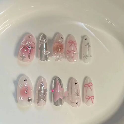 10Pcs Pink Handmade Press on Nails Full Cover Bow Tie Rhines