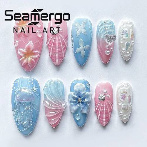 24PCS Pink Blue Gradient Almond Press on Nails Ocean Mermaid