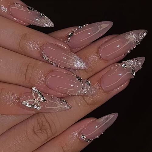 24Pcs Butterfly Designs Medium Almond Nail Tip Artificial Di