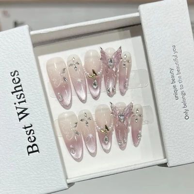 10pcs Pink Cat Eye False Nails 3D Butterfly Fake Nails Diamo
