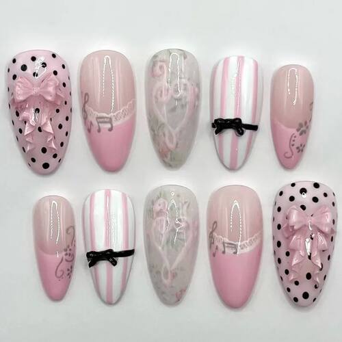 24pcs Sweet Pink Press On Nails Pink Bowknot Design French A