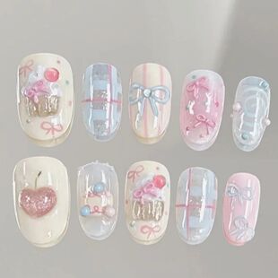 10pcs Short Oval Handmade False Nails Art Cute Cherry Bow De