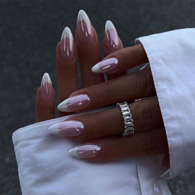24Pcs Long Almond Fake Nails with White Edge Design Wearable