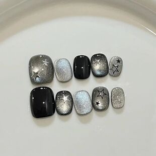 10Pcs Black Handmade Press on Nails Glitter Cat Eye with Sta