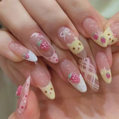 10Pcs Almond Press on Nails with Pink Strawberry Bear Design