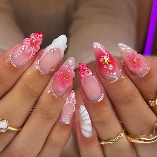 24pcs/set French Almond Press on Nails Pink Flower Fake Nail