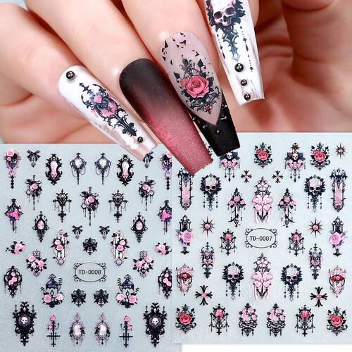 2pcs Black Pink Gothic Halloween Nail Art Stickers 3D Skull