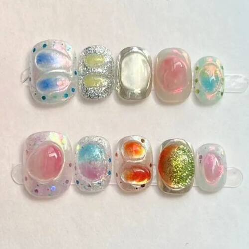 10Pcs Cute Short Round Handmade Fake Nail Glitter Colorful 3