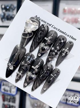 10 Pcs Handmade Y2k Press on Nails Long Luxury Diamond Black