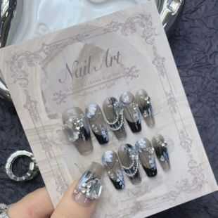 10Pcs Black Handmade Press on Nails Flower Ballet Wearable R