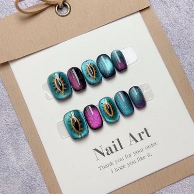 Cat-eye Design Press on Nails 10 Pcs Handmade Fake Nail Shor