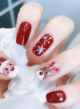 24Pcs Red Christmas Fake Nails Cute Santa Claus Reindeer & S