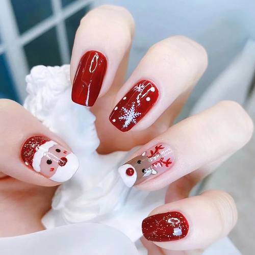 24Pcs Red Christmas Fake Nails Cute Santa Claus Reindeer & S