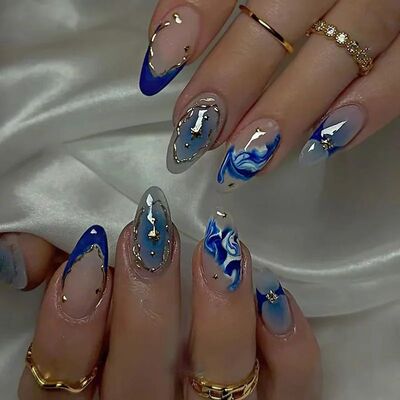 24Pcs Blue French Fake Nails Short Almond Nails Set Press on