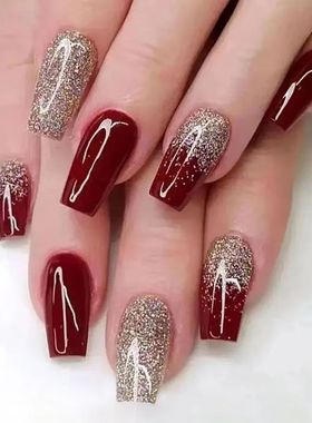 24Pcs/Set Wine Red Long Ballet Fake Nails Gold Glitter Gradi