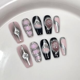 10Pcs Black Handmade Press On Nails Coffin Fake Nails Full C