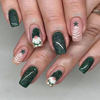 24Pcs Green Santa Press on Nails Short Glossy Square Full Co